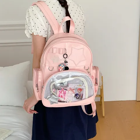 Estilo Coreano Ins Gran Capacidad Ita Bag Cuero PU Escuela Casual Mochila Ventana Transparente Juventud Mujeres Viaje Bolso