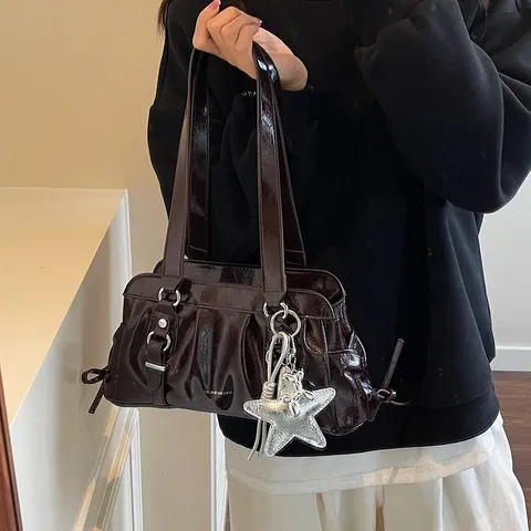 Bolso de Axila de Cuero PU Casual de Color Sólido para Mujer Bolso de Hombro Plisado Retro Gran Capacidad Bolso de Moda Diario