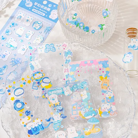 Mamo Guka Decorative Stickers Blue Series Cute Salt Style Cartoon Die Cut Hand Ledger Sticker Scrapbooking Craft DIY