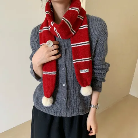 Winter Warm Knitted Striped Scarf With Pom Poms Soft Korean Style Neck Warmer For Women And Men Casual Scarf Gift