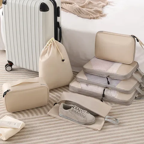 Travel Compression Packing Cubes 7-Piece Set Waterproof Mesh Luggage Organizer Bags For Clothes Shoes Cosmetics Travel Essentials