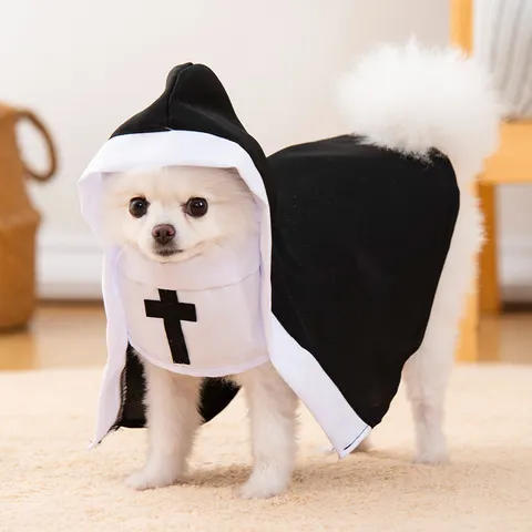 Halloween Haustier Kostüm Lustige Nonne Cosplay Kleidung Für Kleine Hunde Katzen Welpen Schwarz Robe Kapuzenmantel Kreuz Kleid Urlaub Outfit