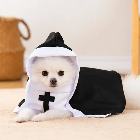 Halloween Haustier Kostüm Lustige Nonne Cosplay Kleidung Für Kleine Hunde Katzen Welpen Schwarz Robe Kapuzenmantel Kreuz Kleid Urlaub Outfit