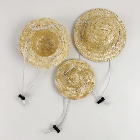 Mini Pet Straw Hat Handmade Woven Sun Protection Sombrero Adjustable Chin Strap Hat For Cats Small Dogs Costume Accessories