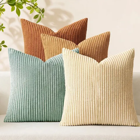 Housse de Coussin en Velours Côtelé Rayé Couleur Unie Simple Canapé Coussin Salon Chambre Décoratif