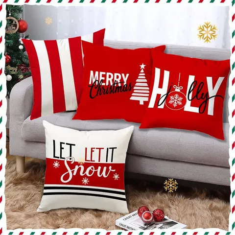 Christmas Red And White Striped Pillow Cover Festive Snowflake Letter Decorative Cushion Cover For Home Sofa Bed