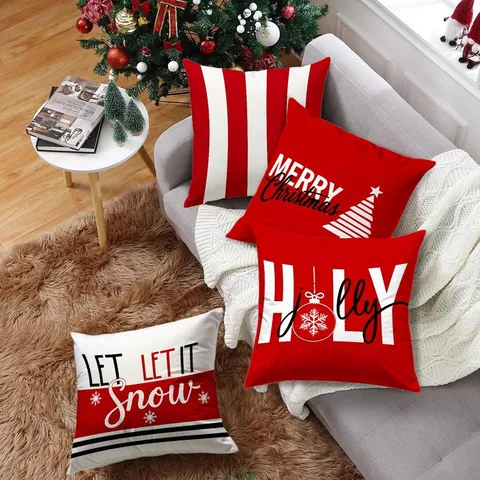 Christmas Red And White Striped Pillow Cover Festive Snowflake Letter Decorative Cushion Cover For Home Sofa Bed