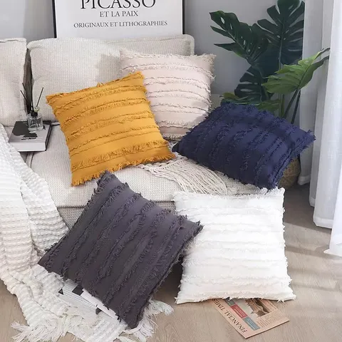Federa per Cuscino con Nappe Boho Cotone Lino A Righe Decorativo Federa per Divano Soggiorno Camera da Letto Decorazioni Casa
