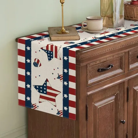 Runner da Tavola del Giorno dell'Indipendenza Americana Lino A Righe Stella Tovaglia Festa Decorazione Tavola