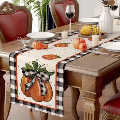 Runner da Tavola con Zucca Raccolto Autunnale Ringraziamento Tovaglia di Lino Rustico Decorazione per la Casa