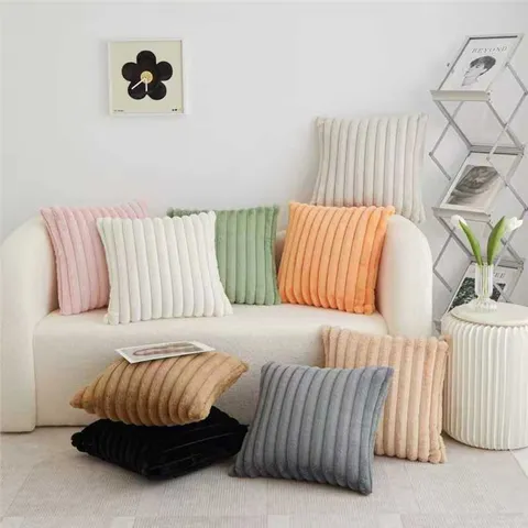 Fodera per Cuscino in Pelliccia di Coniglio A Righe Stile Nordico Morbido Peluche Decorativo per Divano Letto