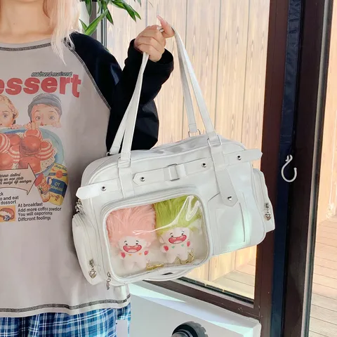 Bolso Ita de Estilo Universitario Japonés de Cuero PU Bolsa Tote de Gran Capacidad Ventana Transparente Bolso Bandolera para Mujer