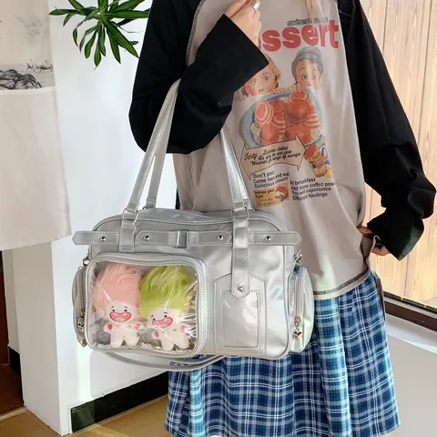 Bolso Ita de Estilo Universitario Japonés de Cuero PU Bolsa Tote de Gran Capacidad Ventana Transparente Bolso Bandolera para Mujer