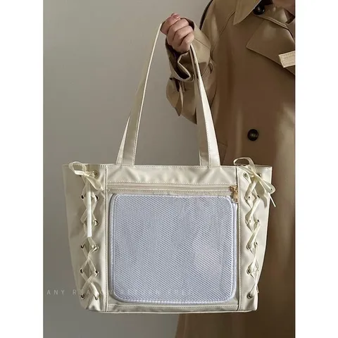 Women's Large Capacity Tote Bag Sweet Bow Transparent Window PU Leather Shoulder Bag Casual Commuter Bag