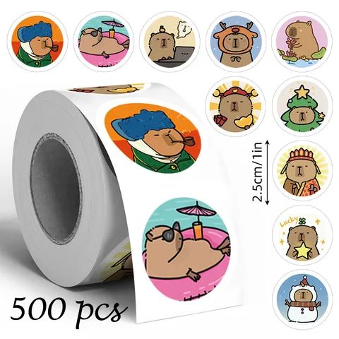 Cute Capybara Stickers Roll Cartoon Animal Decals Round Envelopes Seal Stickers For Gift Wrapping DIY Craft