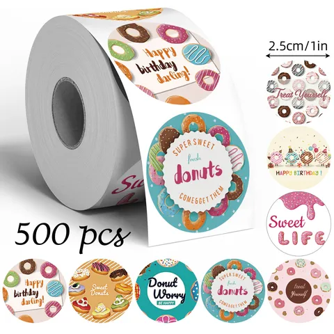 Cartoon Donut Happy Birthday Graffiti Stickers Roll Round Cute Self Adhesive Gift Packaging Sealing Labels For Party