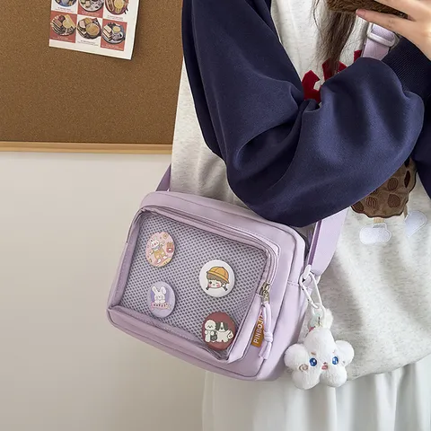 Bolso Ita Transparente Estilo Ins Japonés Insignias De Dibujos Animados Lindos Bandolera Estudiante De Nylon Casual