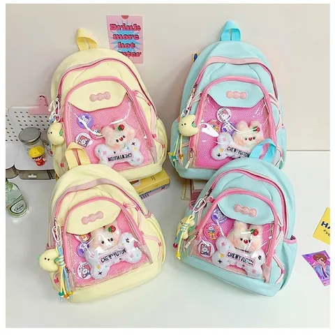 Mochila Ita Linda con Ventana Transparente Bolsa Escolar con Colgante de Muñeca Color Macarrón Mochila Casual para Mujer