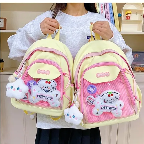 Mochila Ita Linda con Ventana Transparente Bolsa Escolar con Colgante de Muñeca Color Macarrón Mochila Casual para Mujer