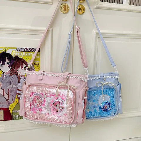 Bolso Ita Transparente de Estilo JK Dulce Japonés Bolso Tote Lindo Lazo Cadena de Perlas Hombro Bandolera Bolso de Insignia de Anime