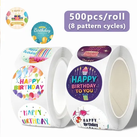 Happy Birthday Stickers Roll Round Cartoon Adhesive Labels Art Paper For Gift Wrapping And Party Decoration