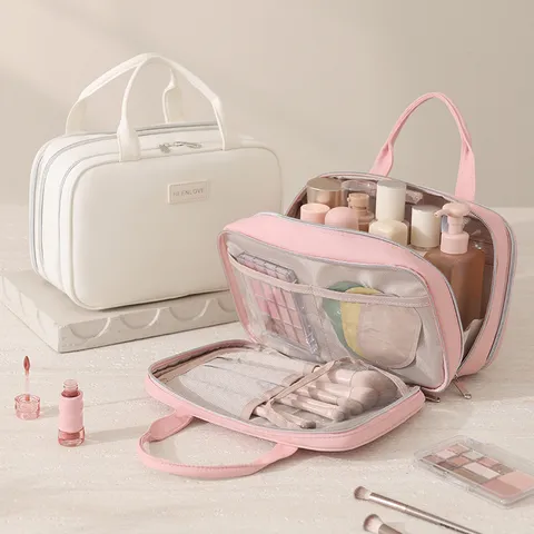 Borsa per Trucchi da Viaggio di Grande Capacità Multicompartimento Custodia per Cosmetici Portatile Organizer per Articoli da Toeletta a Tre Strati Per Donne
