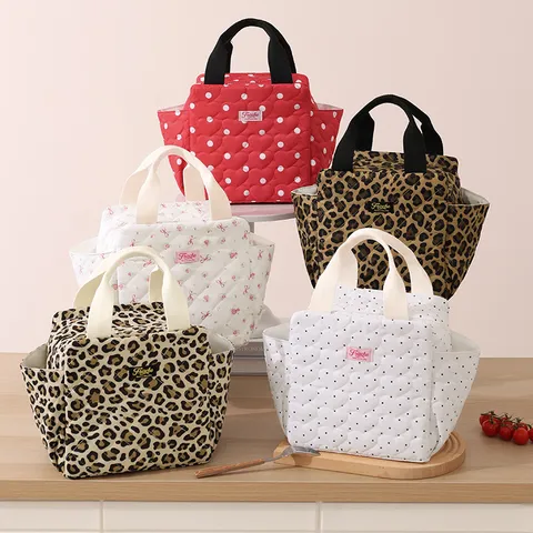 Borsa Termica per Pranzo Trapuntata Borsa Tote Isolatrice Simpatico Fiocco Leopardo Pois Bento Organizzatore di Conservazione Per Ufficio Scuola