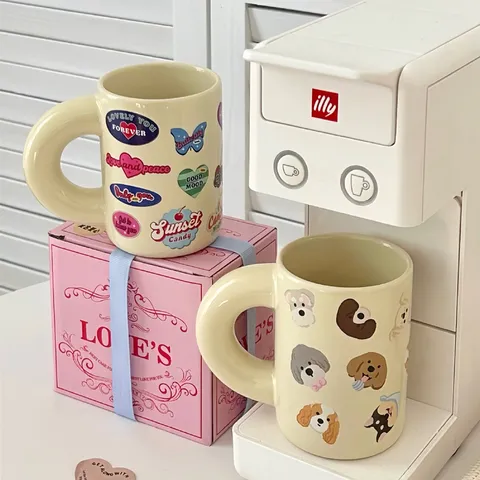Mug en Céramique Vintage Grosse Poignée Motif Chiot Tasse à Café Avec Boîte Cadeau Rose Décalcomanie Cœur Rétro Américain Cadeau Anniversaire