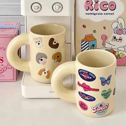 Mug en Céramique Vintage Grosse Poignée Motif Chiot Tasse à Café Avec Boîte Cadeau Rose Décalcomanie Cœur Rétro Américain Cadeau Anniversaire