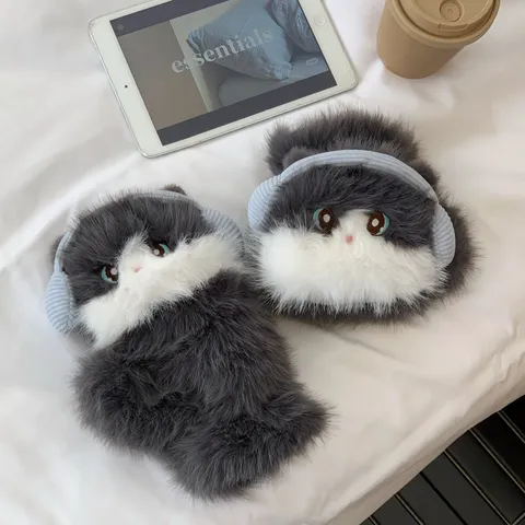 Women Cute Ragdoll Cat Plush Scarf And Gloves Thick Warm Winter Fuzzy Animal Shaped Flip Top Gloves Furry Neck Warmer