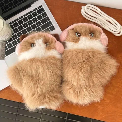 Bufanda y Guantes de Peluche de Gato Ragdoll Lindo para Mujer Conjunto de Invierno Cálido Grueso con Guantes con Tapa Calentador de Cuello de Piel