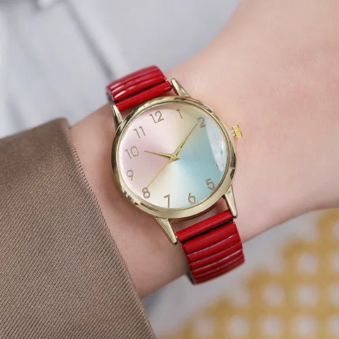 Reloj de Cuarzo para Mujer Esfera Arco Iris Macaron Caja de Aleación Dorada Banda Elástica Reloj Casual de Moda