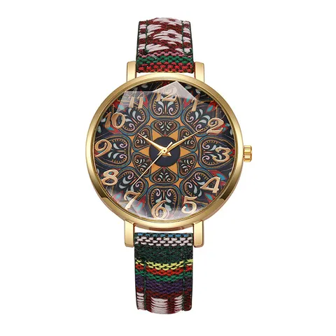 Reloj de Cuarzo para Mujer de Estilo Étnico Bohemio Esfera Floral Retro Correa de Lona Reloj de Pulsera Casual de Moda para Niñas