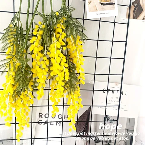 Branche de Mimosa en Soie Artificielle Flocé Jaune Faux Fleurs Pour Décoration Maison Fête Mariage Arrangement Floral