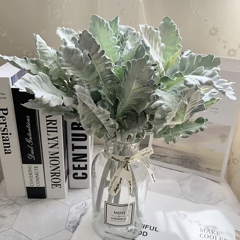 Artificial Flocked Cineraria Silver Leaf Fake Silk Flower Stem For Wedding Home Party Floral Arrangement Decoration