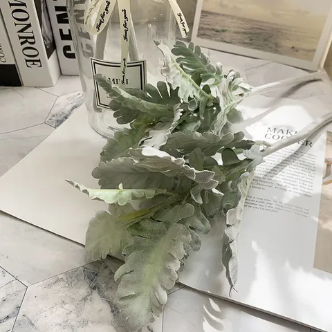 Artificial Flocked Cineraria Silver Leaf Fake Silk Flower Stem For Wedding Home Party Floral Arrangement Decoration