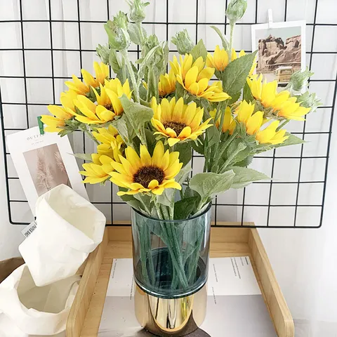Artificial Sunflower Single Stem Silk Flower Flocked Fake Plant For Home Wedding Party Pastoral Style Room Table Decoration