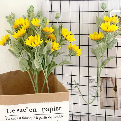 Artificial Sunflower Single Stem Silk Flower Flocked Fake Plant For Home Wedding Party Pastoral Style Room Table Decoration