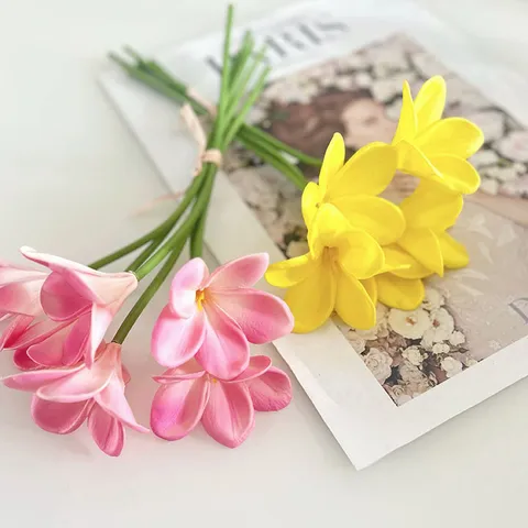 Fresh Artificial Frangipani Silk Flower Bouquet PU Fake Flowers For Home Table Living Room Indoor Floral Arrangement Decor
