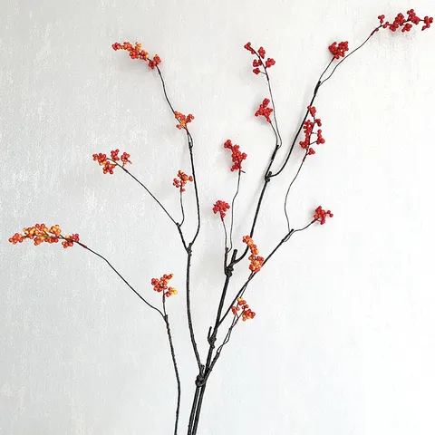 Rama de Fruta de Otoño Artificial Roja Naranja Tallo de Baya Falsa Estilo Zen Chino Decoración del Hogar Arreglo Floral