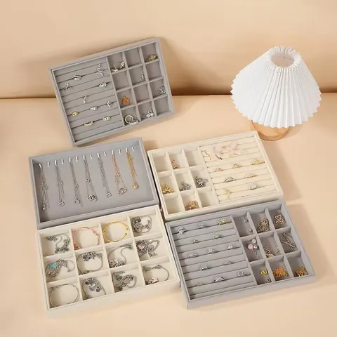 Grau Samt Schmuck Organizer Tablett Stapelbar Große Kapazität Display Für Halskette Ringe Ohrringe Schubladen Organizer