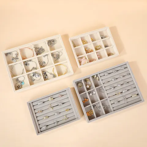 Grau Samt Schmuck Organizer Tablett Stapelbar Große Kapazität Display Für Halskette Ringe Ohrringe Schubladen Organizer