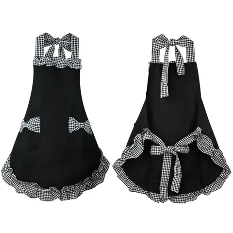 Grembiule Senza Maniche Halter Con Volant A Quadri Neri Principessa Carino Moda Donna Per Casa Cucina Ristorante