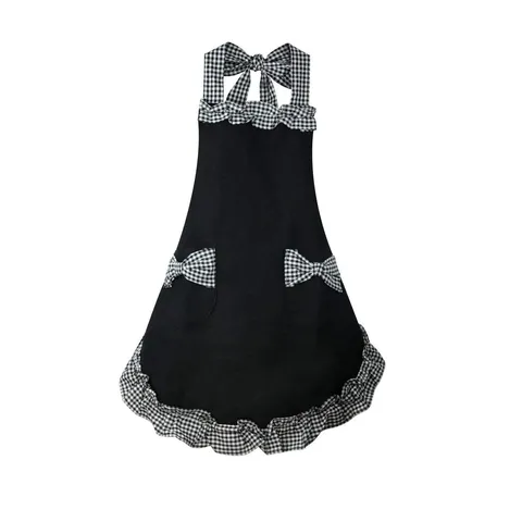 Grembiule Senza Maniche Halter Con Volant A Quadri Neri Principessa Carino Moda Donna Per Casa Cucina Ristorante