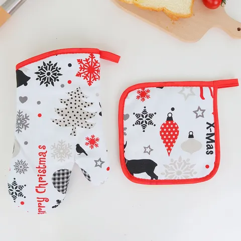 Set Guanto da Forno e Presina di Natalizio Tela Resistente al Calore Ispessito Cucina Cottura Guanti Decorazione Festiva