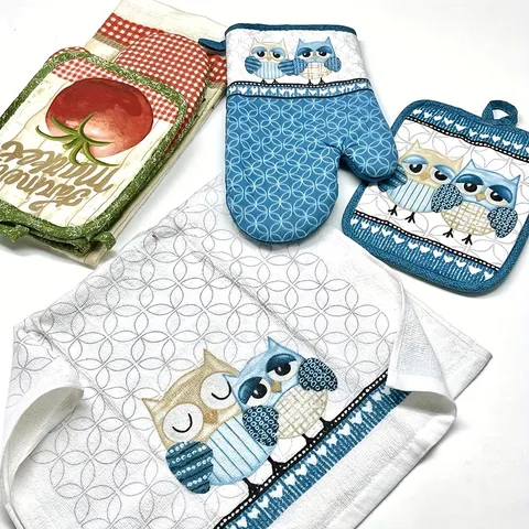 Cotton Kitchen Insulation Gloves Pot Holder And Towel Microwave Oven Mitts Table Mat Baking Cooking Accessories