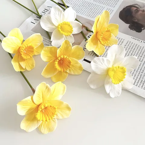 Artificial Narcissus Flower Single Stem Silk Daffodil Fake Floral Home Wedding Party Decorative Floral Arrangement