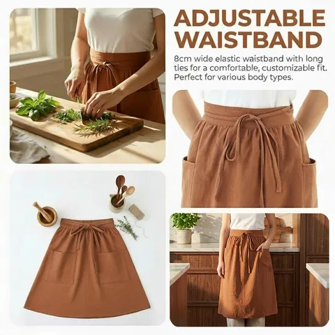 Grembiule a Mezza Lunghezza Retrò in Puro Cotone Allungato Ispessito Cucina Cottura Lavoro Grembiule Cintura Regolabile con Tasche