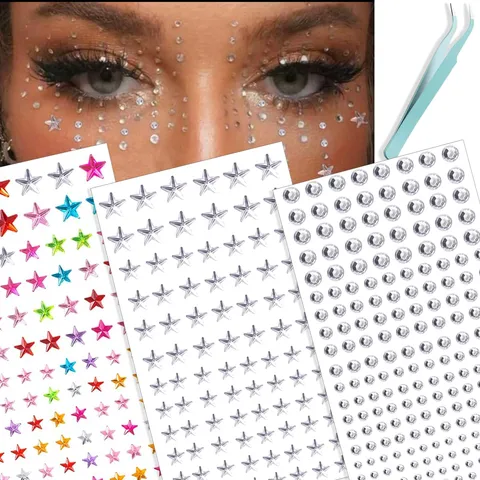 Autocollants Bijoux de Visage Étoile Auto-adhésif Strass Bijoux de Visage pour Maquillage des Yeux Décoration de Cheveux Fête Avec Pince