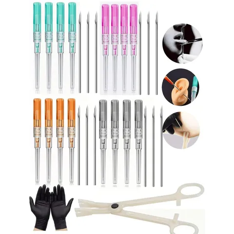 Professional 9Pcs Sterile Mixed Size 316L Stainless Steel Body Piercing Kit Including Needles Tweezers Gloves Set